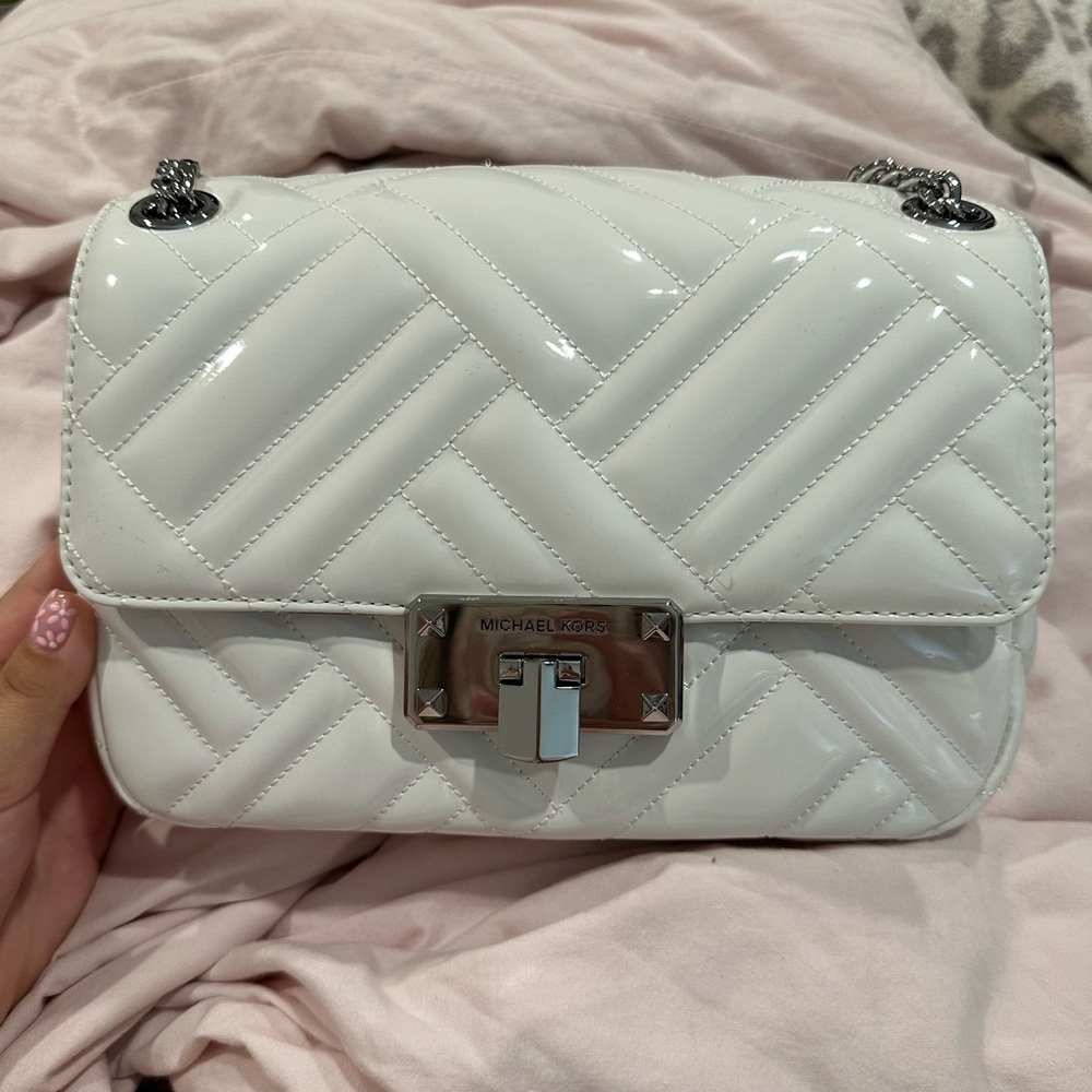 Michael Kors patent quilted Peyton Shoulder Optic White Leather Bag